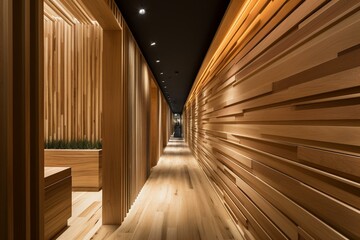captivating design of a restaurant hallway with wood surfaces. Generative AI
