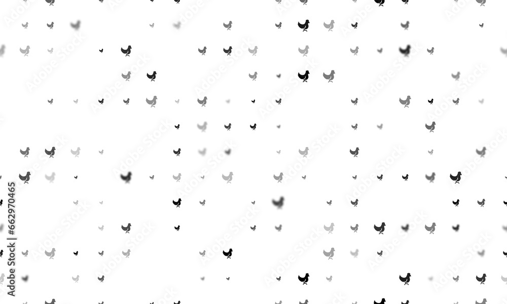 Poster seamless background pattern of evenly spaced black chicken symbols of different sizes and opacity. i