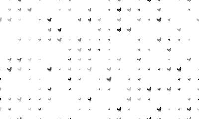 Seamless background pattern of evenly spaced black chicken symbols of different sizes and opacity. Illustration on transparent background - obrazy, fototapety, plakaty
