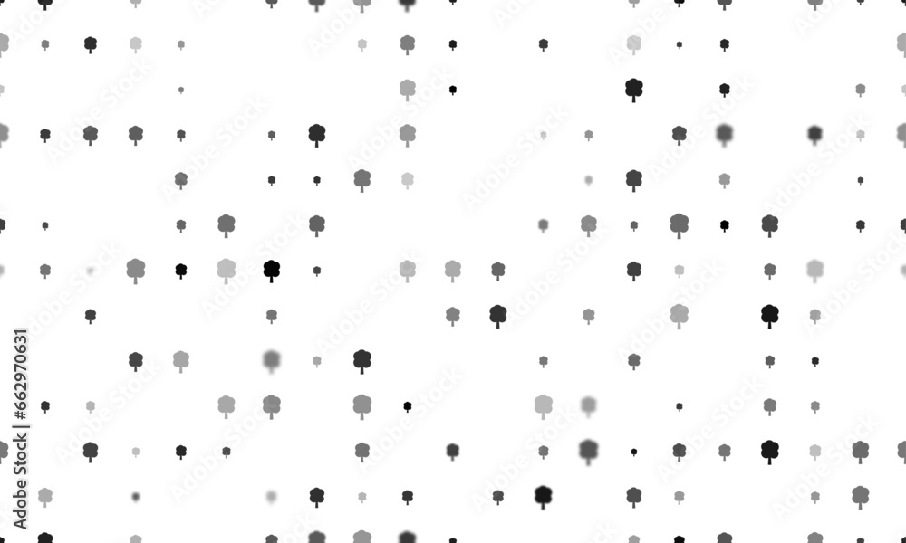 Poster seamless background pattern of evenly spaced black tree symbols of different sizes and opacity. vect