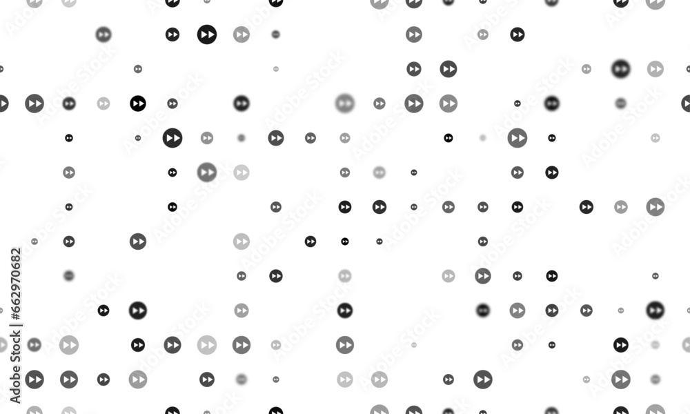 Poster seamless background pattern of evenly spaced black fast forward symbols of different sizes and opaci