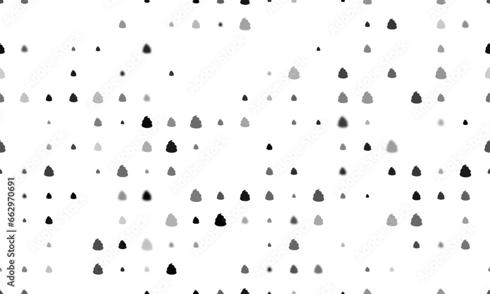 Poster seamless background pattern of evenly spaced black poop symbols of different sizes and opacity. vect