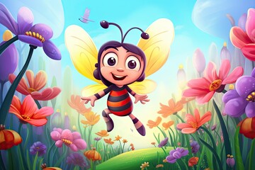 Cartoon Bee Buzzing in a Cheerful Spring Scene, Collecting Nectar from Blooming Flowers, generative AI