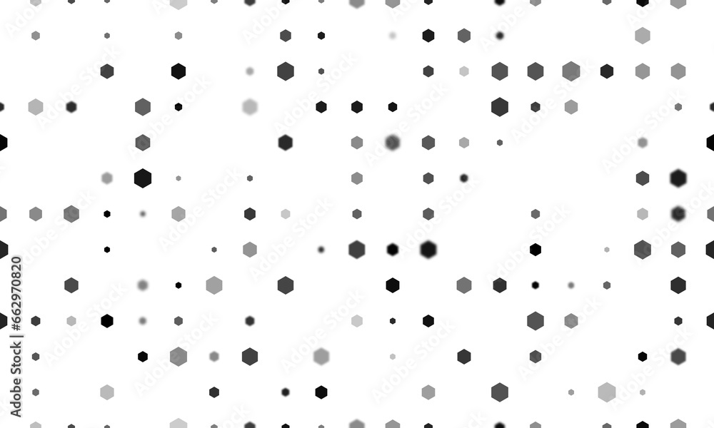 Poster seamless background pattern of evenly spaced black hexagon symbols of different sizes and opacity. i