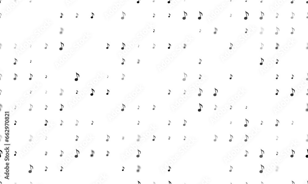 Poster seamless background pattern of evenly spaced black musical note symbols of different sizes and opaci