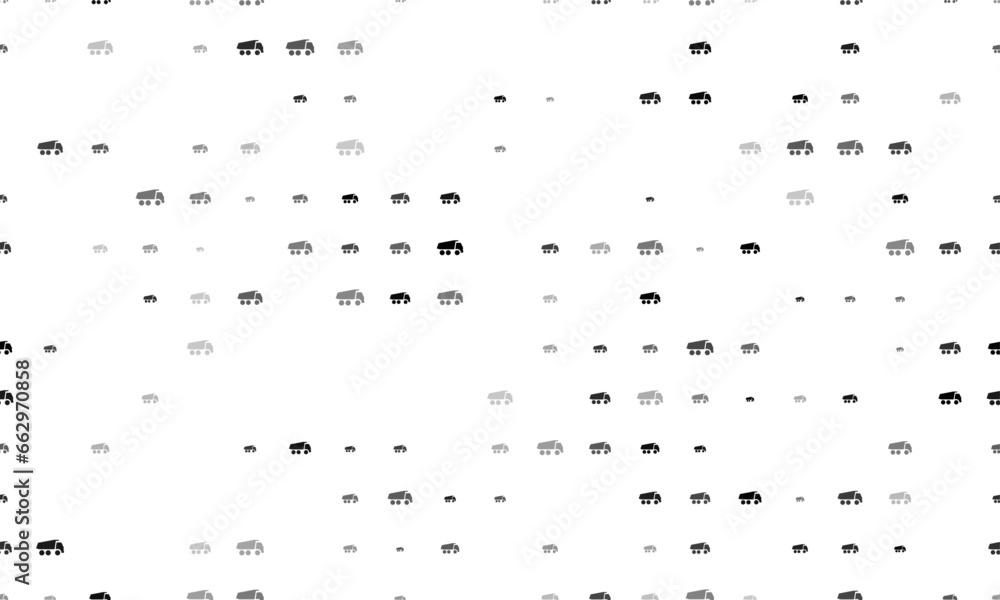 Poster seamless background pattern of evenly spaced black truck symbols of different sizes and opacity. vec