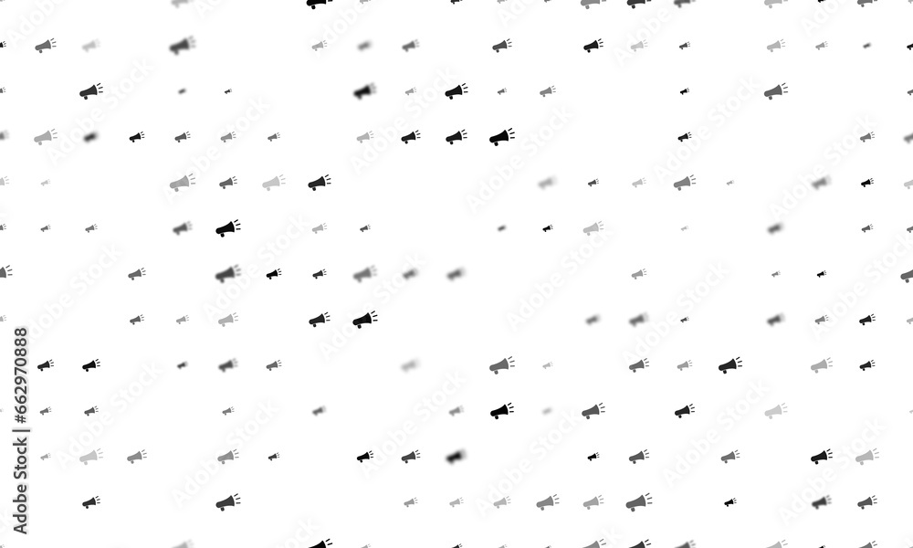 Poster seamless background pattern of evenly spaced black megaphone symbols of different sizes and opacity.