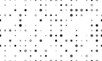 Seamless background pattern of evenly spaced black hexagon symbols of different sizes and opacity. Illustration on transparent background