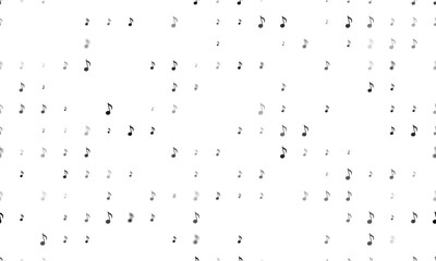 Seamless background pattern of evenly spaced black musical note symbols of different sizes and opacity. Vector illustration on white background