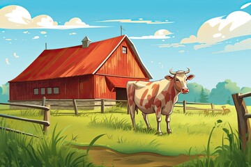 Cartoon Cow Grazing in Lush Pasture with Classic Red Barn Under Clear Blue Sky, generative AI