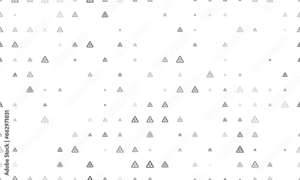 Poster seamless background pattern of evenly spaced black roundabout signs of different sizes and opacity. 
