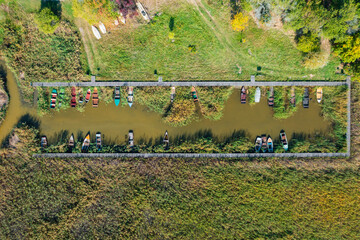 Pakozd, Hungary - Aerial top down view about fishing boats at Lake Velence.