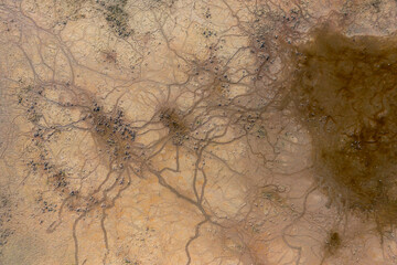 Pakozd, Hungary - Aerial top down view about abstract formation at lake Velence. Shows a dried-up part, climate change is real.