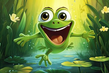 Cheerful Cartoon Frog Jumping on Lily Pads with Excitement, generative AI