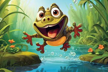 Cartoon Frog Leaping High: Lively and Humorous Frog Catching Fly with Long Tongue in Lush Pond Environment, generative AI