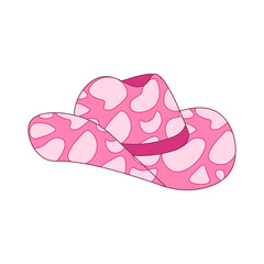 Pink cowgirl hat with cow print. Wild West fashion style. Cowboy western theme, wild west concept. Horse Ranch. Hand drawn contour flat vector illustration.