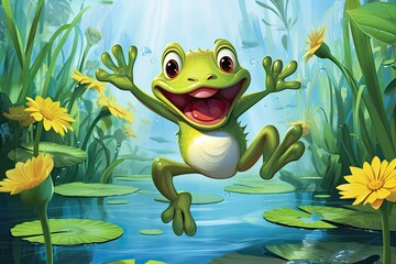 Energetic Cartoon Frog Leaping Among Lily Pads on Quiet Pond, Creating Splash with Each Jump, generative AI