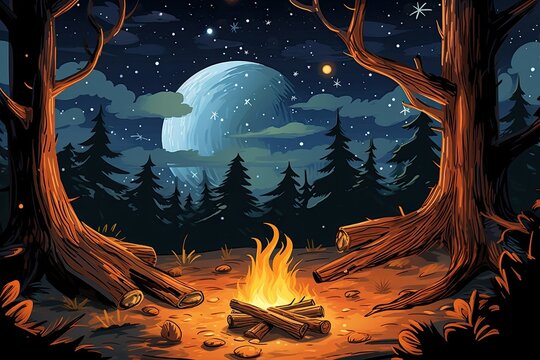 Cartoon Fire: Dancing Flames and Crackling Logs in a Cozy Campfire Setting under the Starry Night, generative AI
