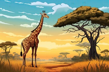 Cartoon Giraffe: Gracefully Walking Across African Savannah, Neck Extended to Reach Tall Acacia Trees, generative AI