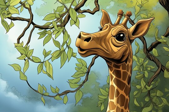 Cartoon Giraffe Stretching its Long Neck to Playfully Nibble Leaves from Tree, generative AI
