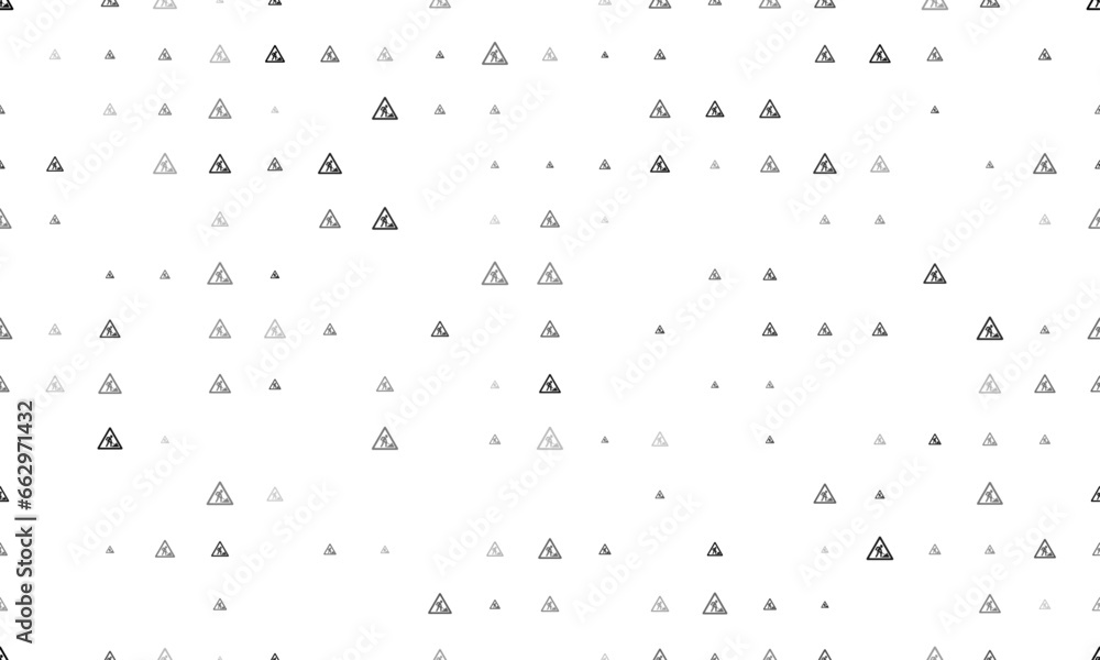 Poster seamless background pattern of evenly spaced black road work signs of different sizes and opacity. v