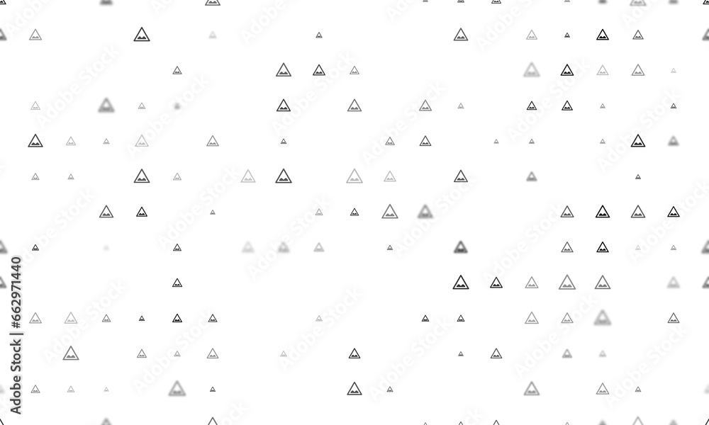 Poster seamless background pattern of evenly spaced black rough road signs of different sizes and opacity. 