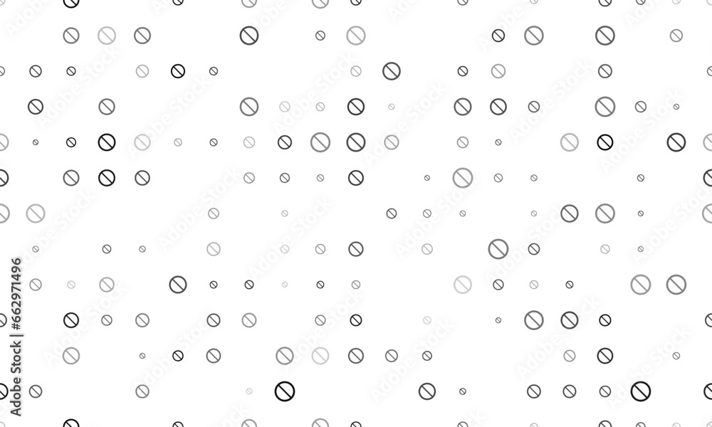 Poster seamless background pattern of evenly spaced black no parking signs of different sizes and opacity. 