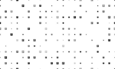 Seamless background pattern of evenly spaced black road parking signs of different sizes and opacity. Vector illustration on white background