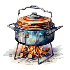 camping element. watercolor camp stove pot with campfire illustration.