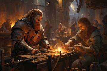 Loyal dwarven blacksmiths crafting mighty weapons - Generative AI - obrazy, fototapety, plakaty