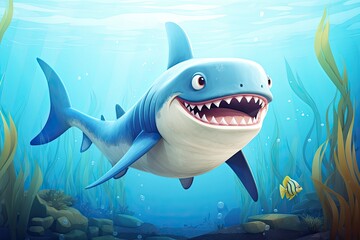 Cartoon Shark Illustration: Playful and Friendly Character Perfect for Children's Book, generative AI