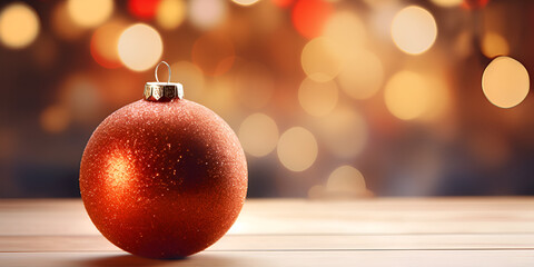 Close up of red ornament on Christmas tree, blurred background with lights 