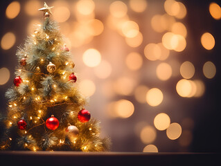 Fototapeta na wymiar Christmas tree with ornaments, blurred background with lights and space for text