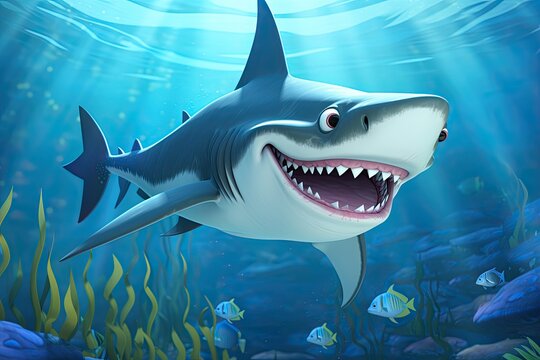 Cartoon Shark: Gliding through Deep Ocean Waters with Sharp Teeth in a Wide Grin, generative AI