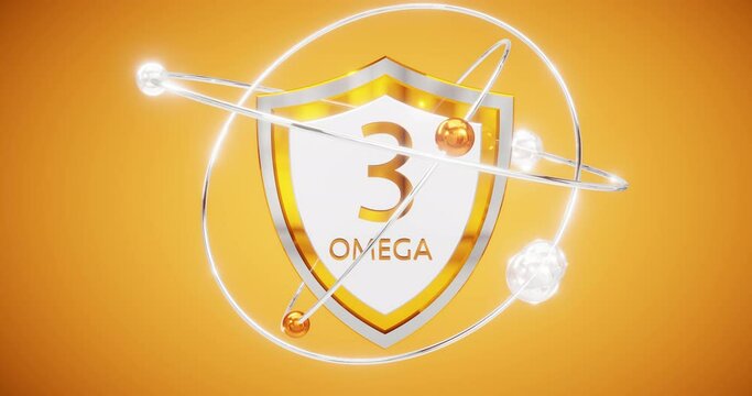 omega 3 symbol on shield with rotating atoms and orbits, polyunsaturated fatty acids, alpha-linolenic acid, 3d rendering, eicosapentaenoic acid and docosahexaenoic acid oil