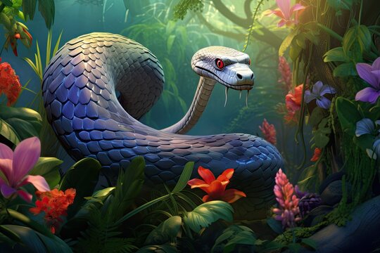 Cartoon Snake: Coiling and Slithering through a Tropical Jungle with Lush Vegetation and Exotic Flowers, generative AI