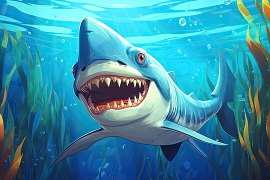 Cartoon Shark: Gliding Through Deep Ocean Waters with a Wide Grin and Sharp Teeth, generative AI