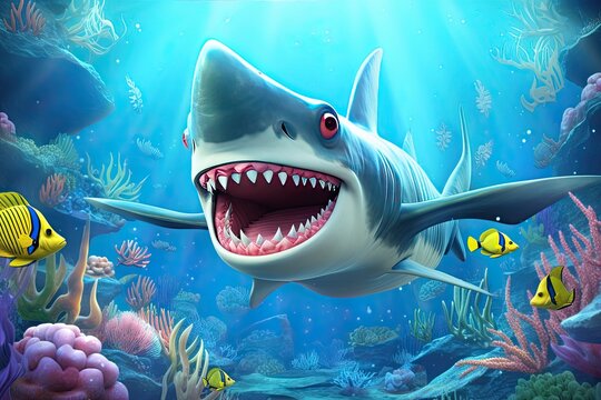 Playful Cartoon Shark Swimming Through Vibrant Underwater World with Coral and Sea Creatures, generative AI