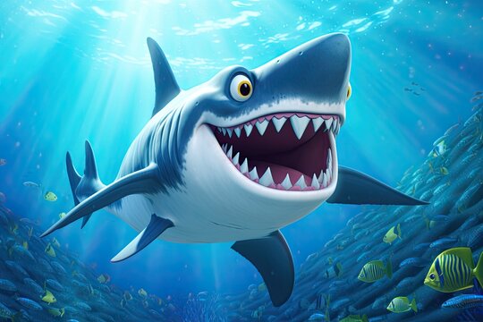 Cartoon Shark Gliding Through Deep Ocean Waters with Sharp Teeth in Wide Grin, generative AI