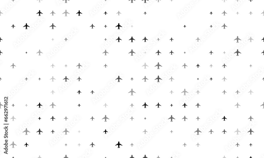 Poster seamless background pattern of evenly spaced black airplane symbols of different sizes and opacity. 