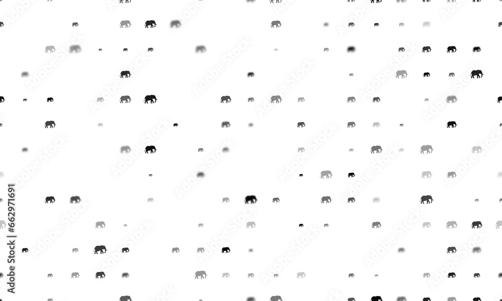 Poster seamless background pattern of evenly spaced black elephant symbols of different sizes and opacity. 