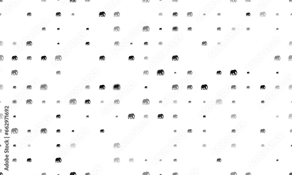 Poster seamless background pattern of evenly spaced black elephants of different sizes and opacity. illustr