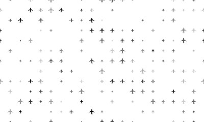 Seamless background pattern of evenly spaced black airplane symbols of different sizes and opacity. Illustration on transparent background