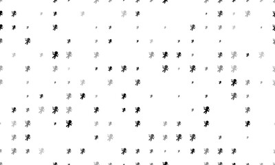 Seamless background pattern of evenly spaced black Voodoo Doll symbols of different sizes and opacity. Vector illustration on white background