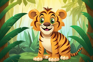 Obraz na płótnie Canvas Cartoon Tiger Party Invitation: Striking Stripes and Adorable Grin for Kids' Jungle-Themed Celebration, generative AI