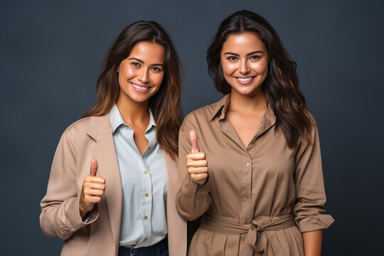 portrait of a expression of two happy laughing brunette women with curly brown hair against colorful background who holds her thumbs up 