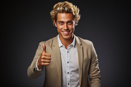 portrait of a expression of a  happy laughing man with blonde hair against colorful background who holds his thumbs up 