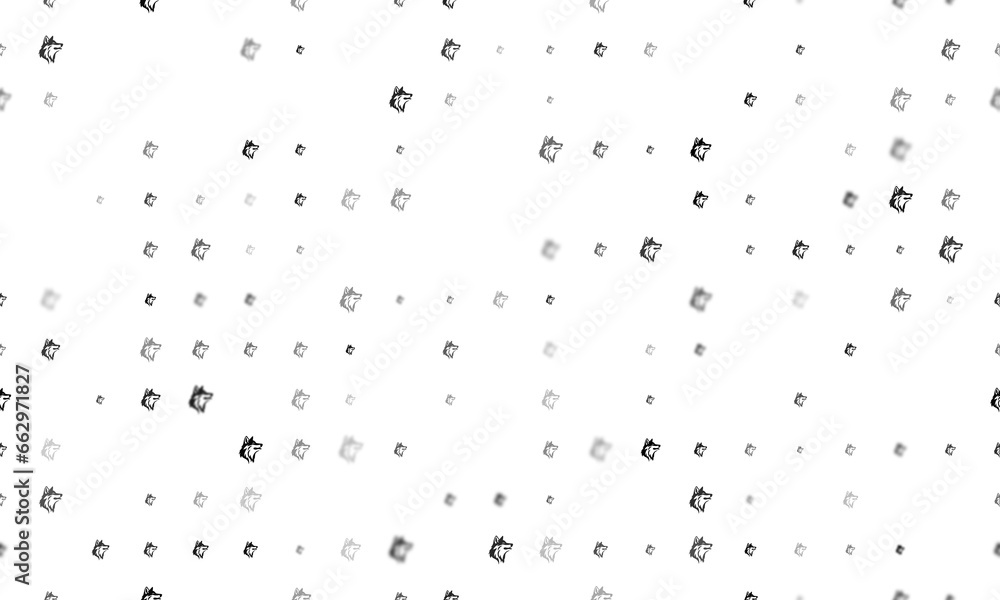 Poster seamless background pattern of evenly spaced black wolf heads of different sizes and opacity. illust