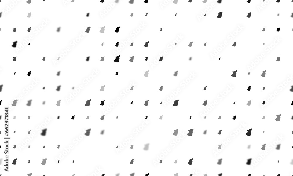 Poster seamless background pattern of evenly spaced black wolf head symbols of different sizes and opacity.