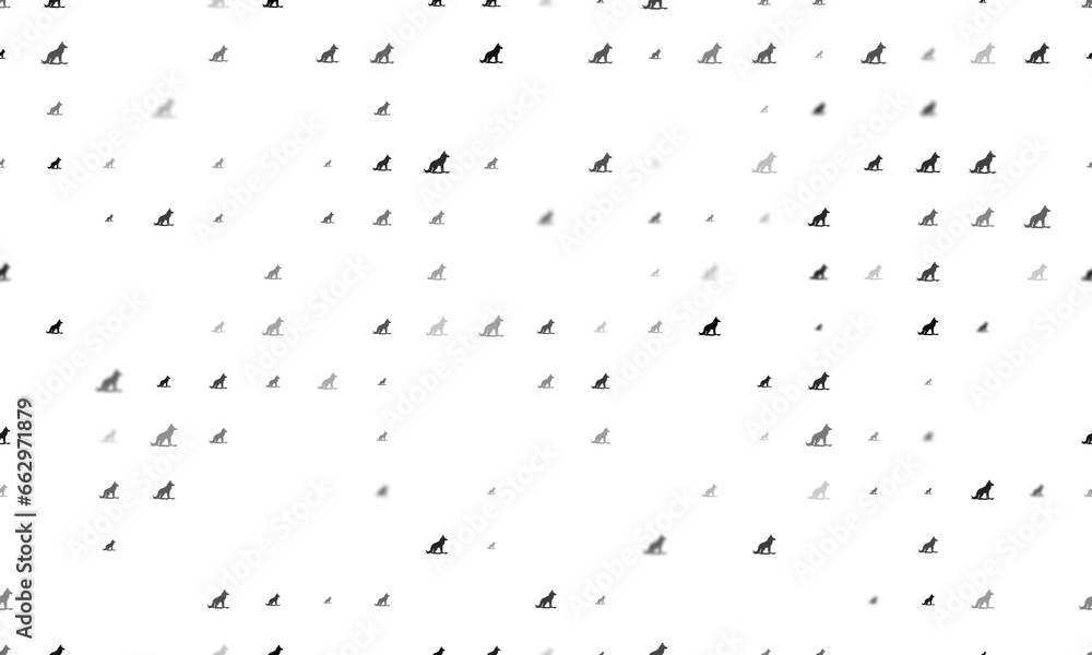 Poster seamless background pattern of evenly spaced black wild wolf symbols of different sizes and opacity.
